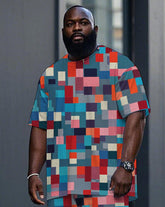 Men's Big Size Colorful Plaid Mosaic All Over Printed Short Sleeve T-shirt and Shorts Set